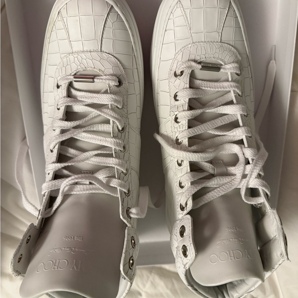 Jimmy Choo Belgravi High-Tops – White Croc Leather 🐊 Size 45, Box + 2 Dust Bags